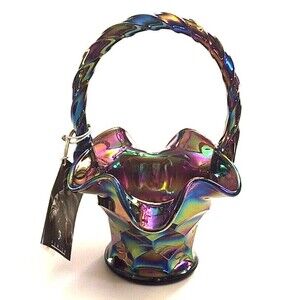 Fenton Carnival Glass Purple Ruffled Hand Painted Floral Basket